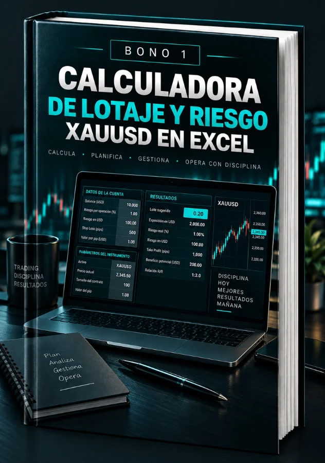 Mockup del bono 1: Calculadora de Lotaje y Riesgo XAUUSD en Excel