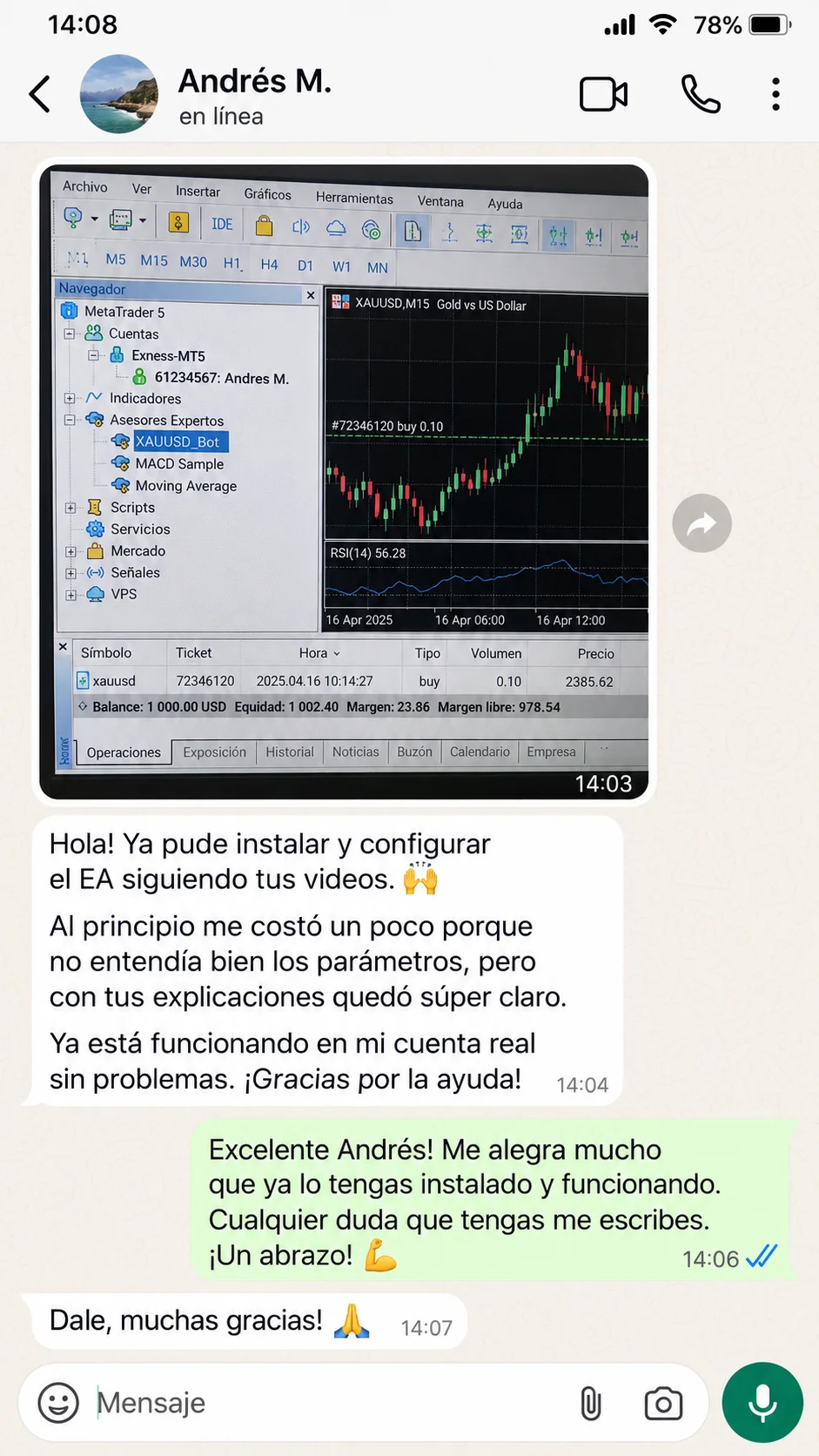 Testimonio de cliente 3 por WhatsApp
